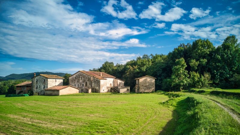 Maison de ferme entourée de champs verts